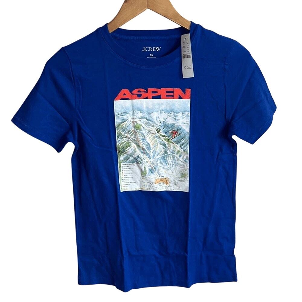 NWT J.Crew Aspen Ski Graphic Short Sleeve Broken In T Shirt Top 2XS Blue White